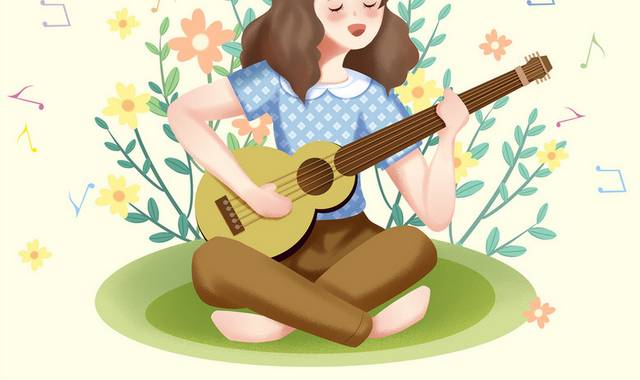原创手绘弹吉他的女孩