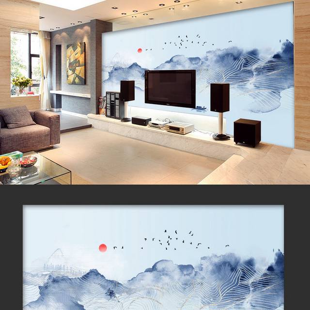 中国风水墨山水客厅电视背景墙设计