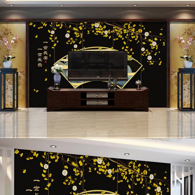 现代新中式花卉轻奢客厅背景墙模板
