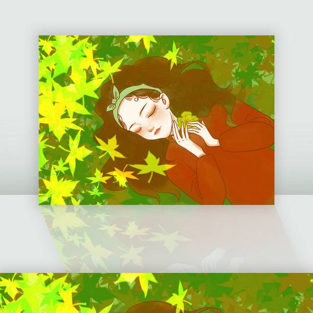 手绘冬日枫树下睡觉的长发少女