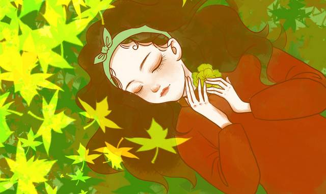 手绘冬日枫树下睡觉的长发少女