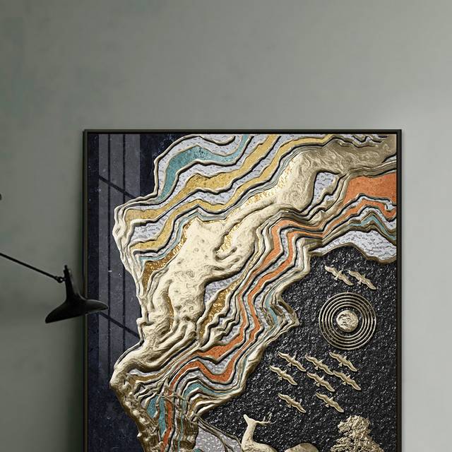 新中式抽象金箔线条山峰麋鹿飞鸟装饰画