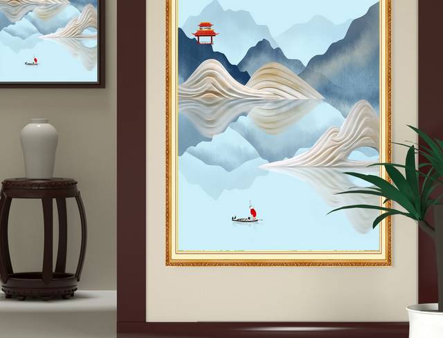 现代新中式山水意境客厅玄关画