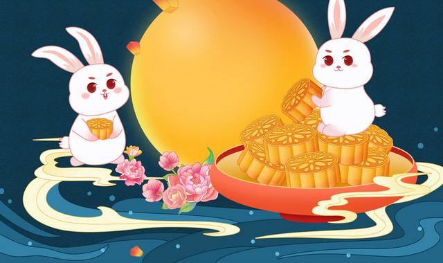 中秋兔子月亮月饼插画