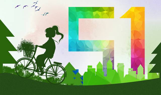 小清新手绘51旅行小女孩骑自行车插画