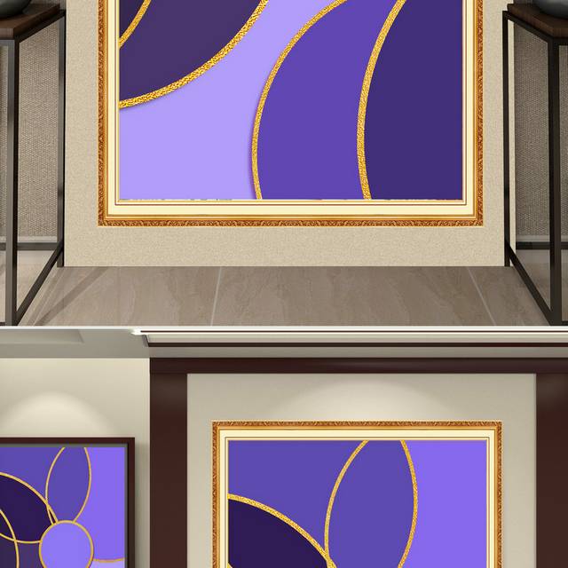 紫色背景金色线条玄关装饰画