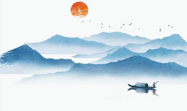 中式水墨山水日出元素背景