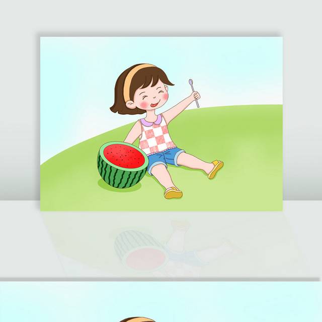 卡通手绘吃西瓜的小女孩