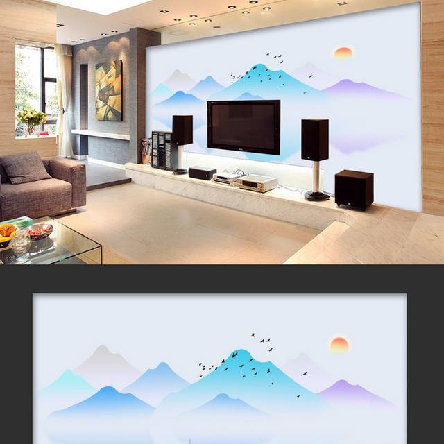 彩色水墨中式山水画背景墙设计