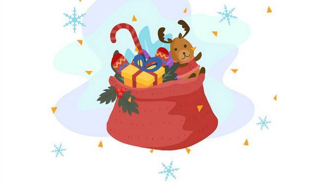 手绘卡通圣诞节礼物堆礼物盒红色袋子麋鹿元素