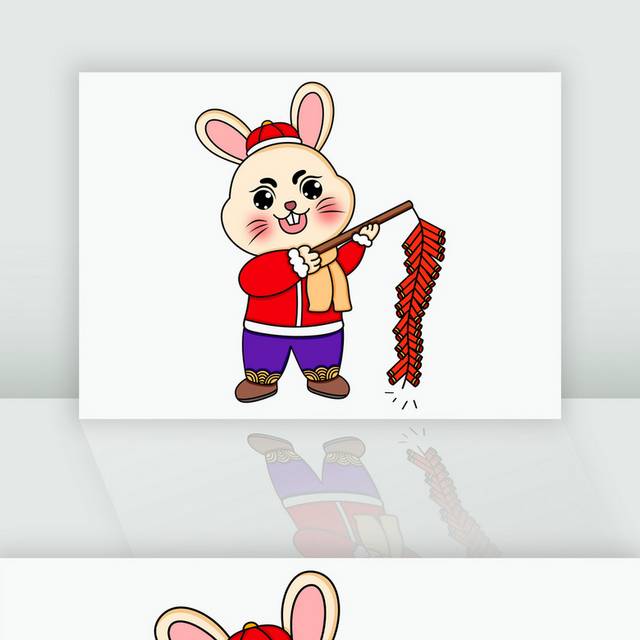 卡通手绘兔年放鞭炮插画