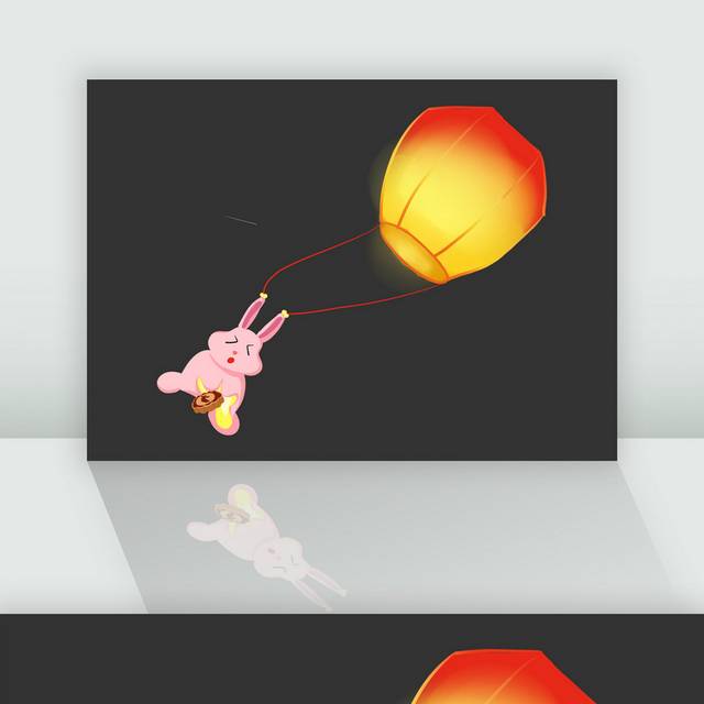 手绘孔明灯月兔中秋节素材