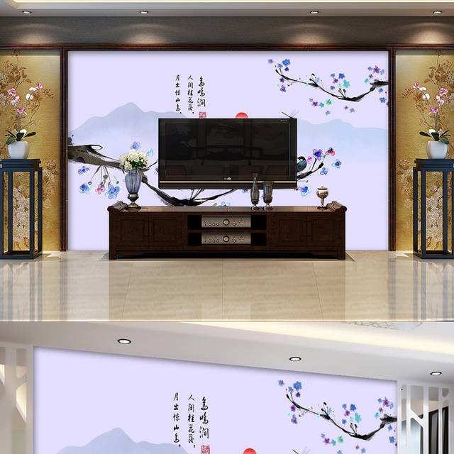 新中式花鸟图工笔画客厅背景墙