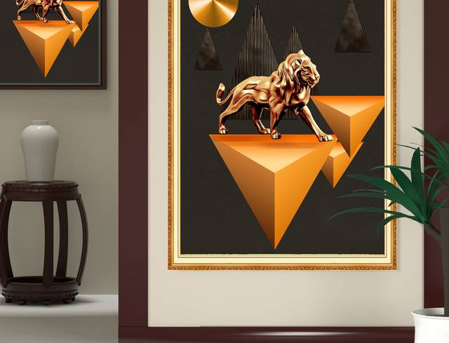 金色狮子现代创意客厅玄关画