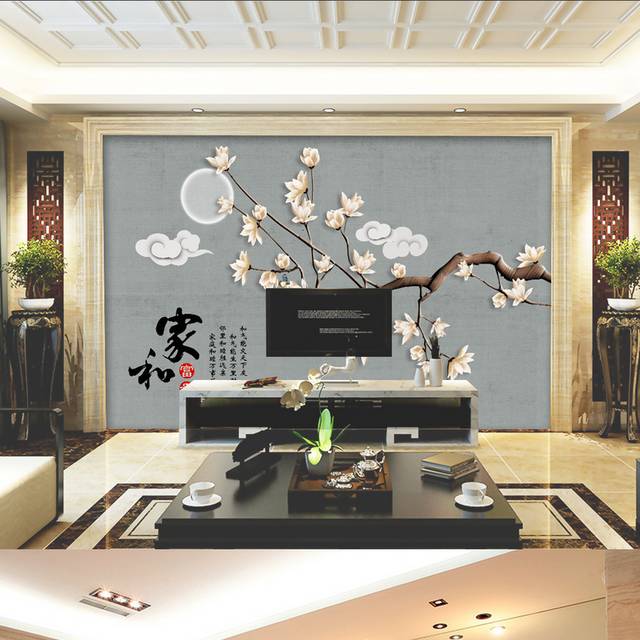 新中式工笔画花卉客厅电视背景墙