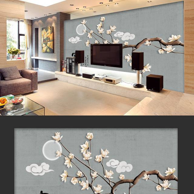 新中式工笔画花卉客厅电视背景墙