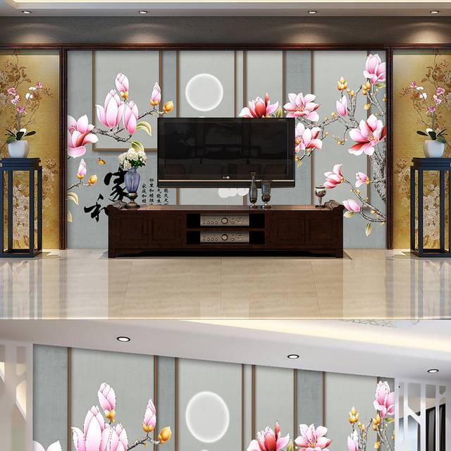 中国风立体花卉客厅背景墙设计