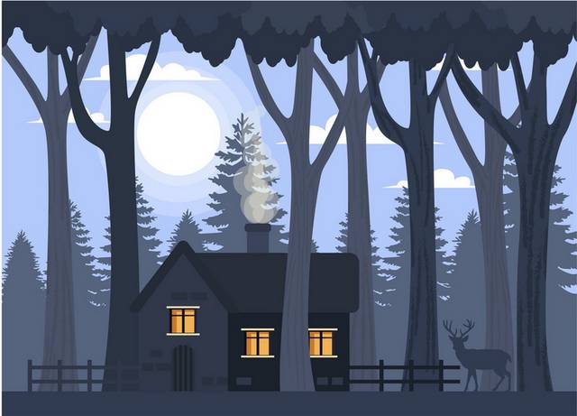 黑夜中的森林卡通风景