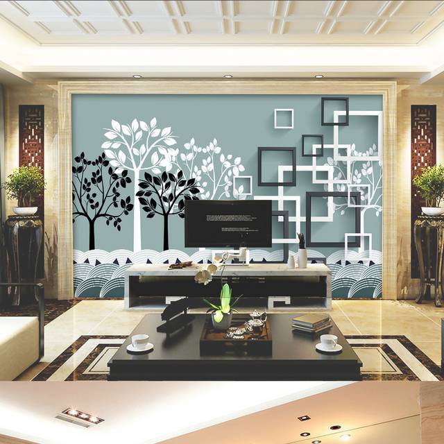 黑白小树立体方块客厅电视背景墙设计