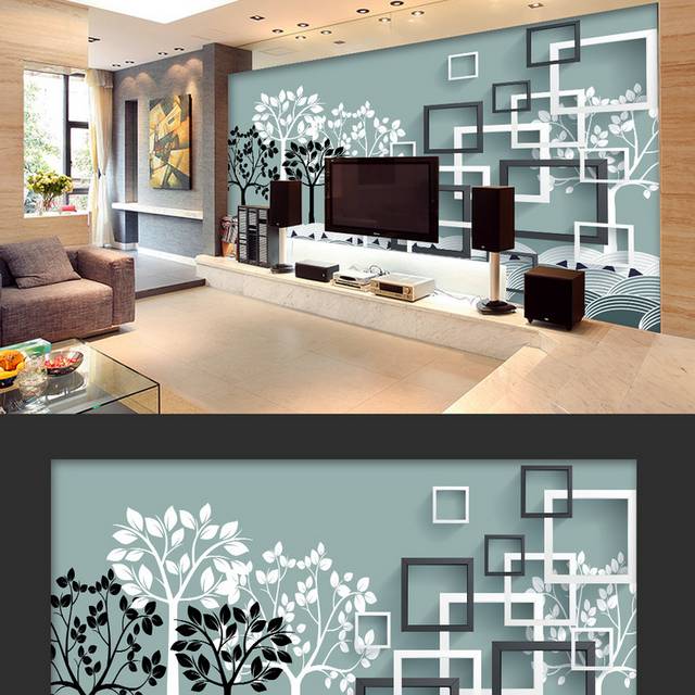 黑白小树立体方块客厅电视背景墙设计