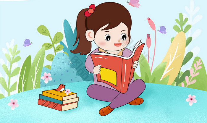 卡通女孩草地上学习