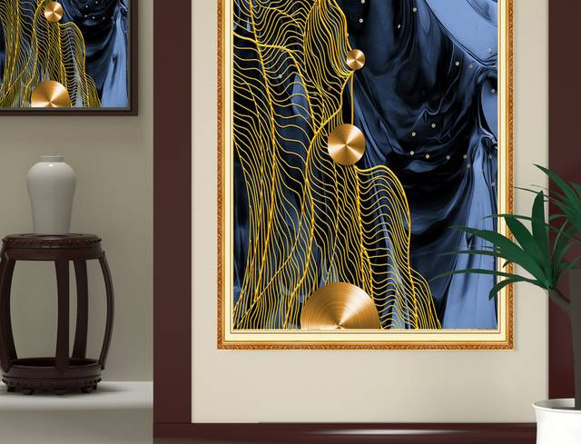 现代简约金色抽象线条客厅玄关画