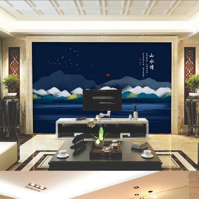 创意手绘山水画装饰客厅背景墙