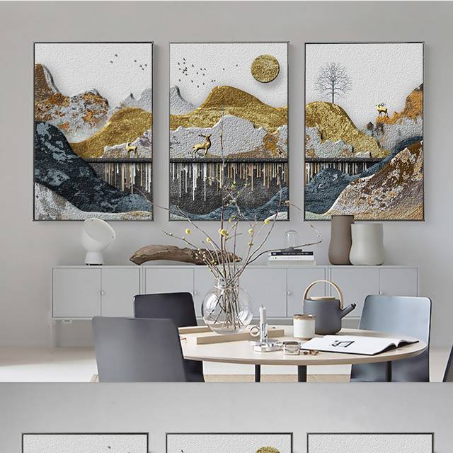 新中式抽象立体山峰麋鹿三联装饰画