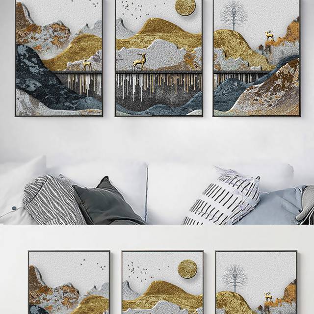 新中式抽象立体山峰麋鹿三联装饰画