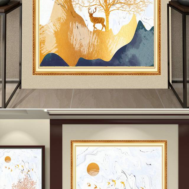 金色麋鹿现代北欧风格客厅玄关画