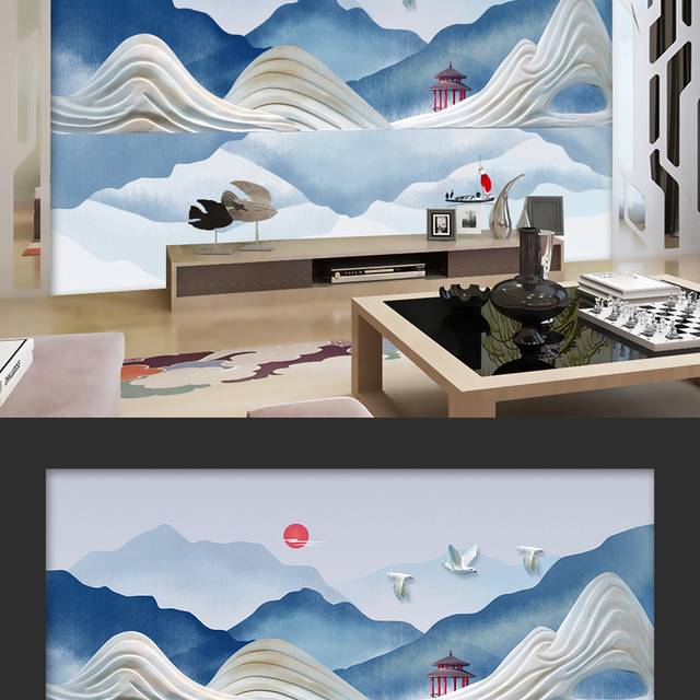 现代新中式山水背景墙设计