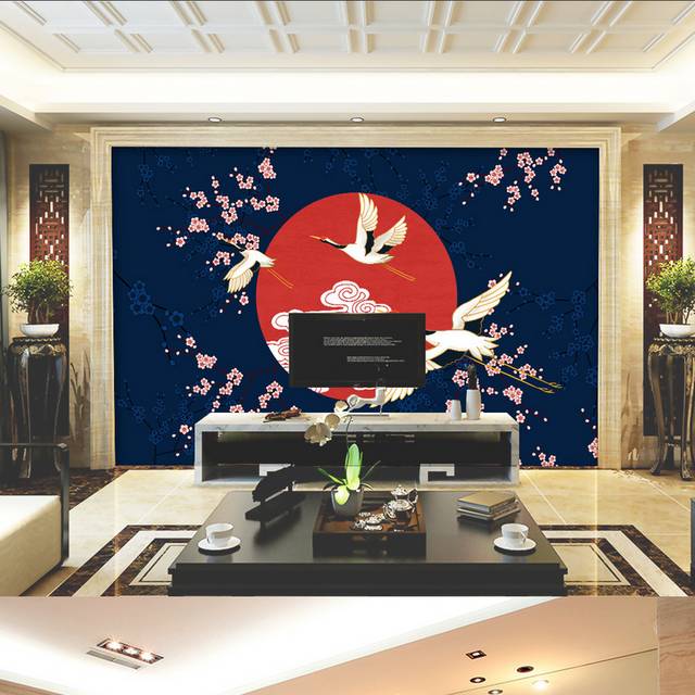 新中式梅花仙鹤客厅背景墙设计