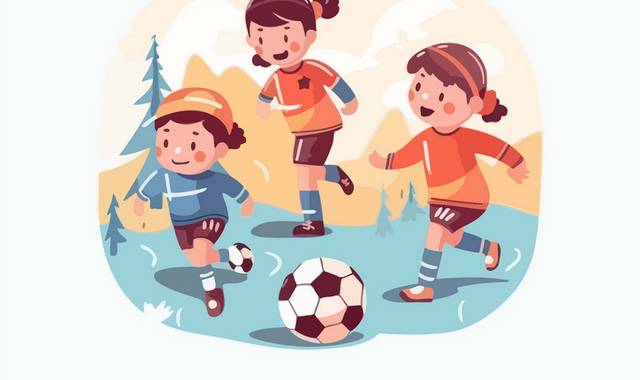 三个小朋友在草地一起踢足球插画
