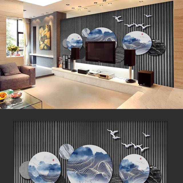 新中式水墨山水简约客厅背景墙设计