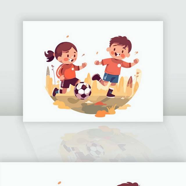 两个小朋友一起踢足球插画