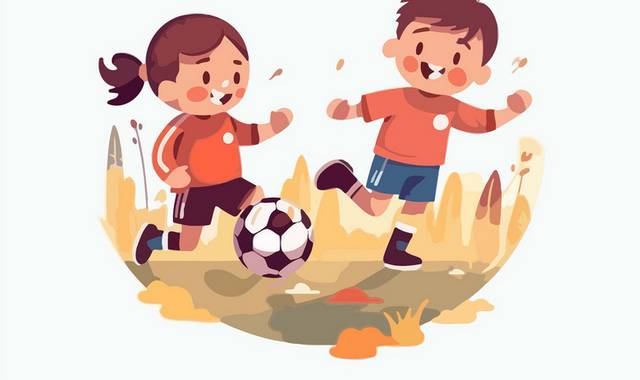 两个小朋友一起踢足球插画