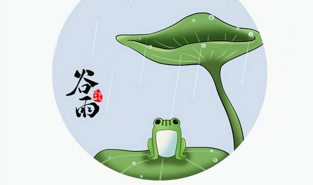 荷叶下的青蛙谷雨节气插画