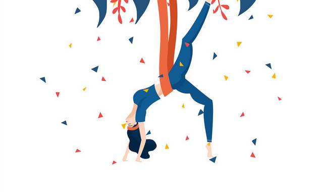手绘卡通彩色扁平风空中瑜伽运动女孩插画元素