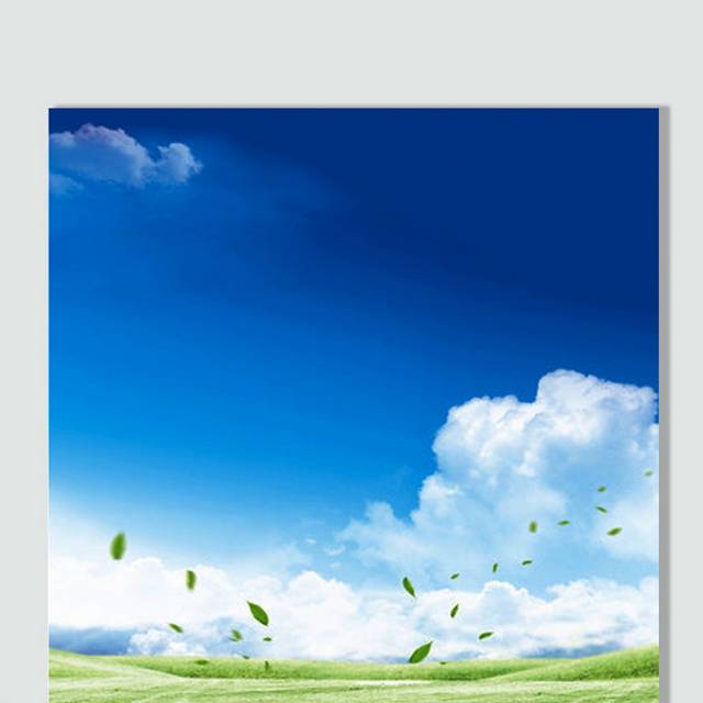 蓝天白云草地飞舞的树叶广告背景