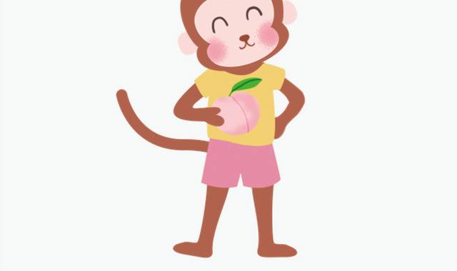 卡通手绘拿着桃子的小猴子