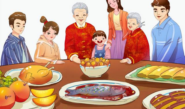手绘节日一家人团圆人物中秋节春节素材插画
