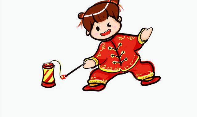 红色喜庆春节福娃卡通儿童放鞭炮插画