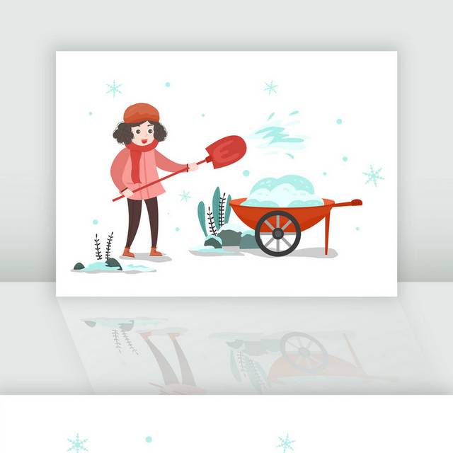 手绘卡通女孩冬天雪地铲雪场景插画元素