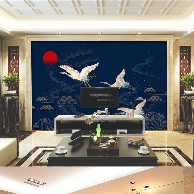 中国风红日仙鹤手绘山水客厅背景墙