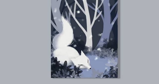 手绘冬至里的白狐狸