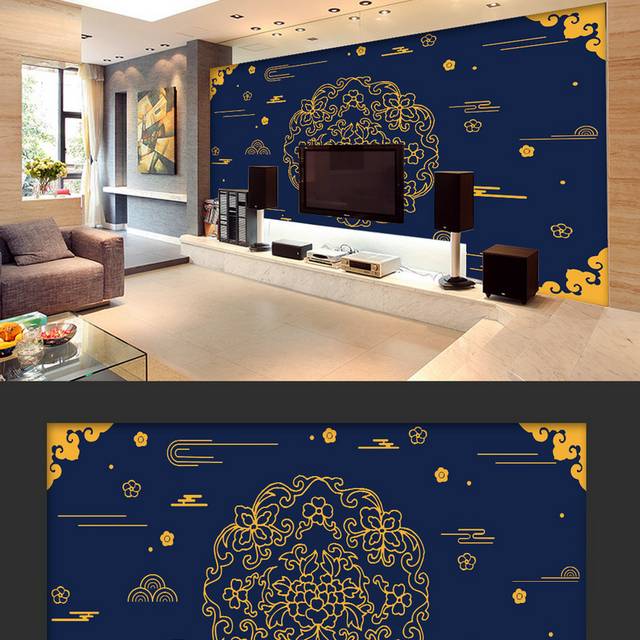 新中式金色大气客厅背景墙设计