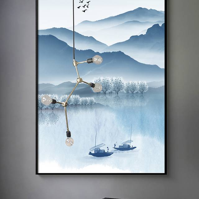 中国风蓝色水墨远山装饰画