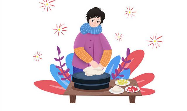 手绘卡通春节过年农村妇女做饭揉面团插画元素
