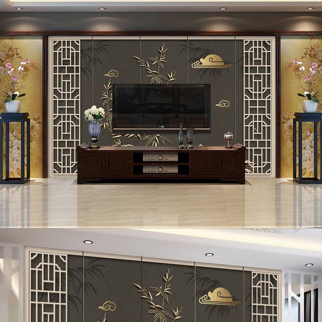 金色大气新中式客厅背景墙设计模板