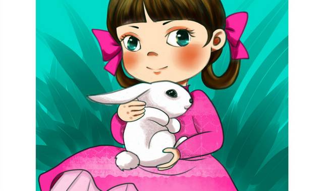 手绘抱着兔子的小姑凉